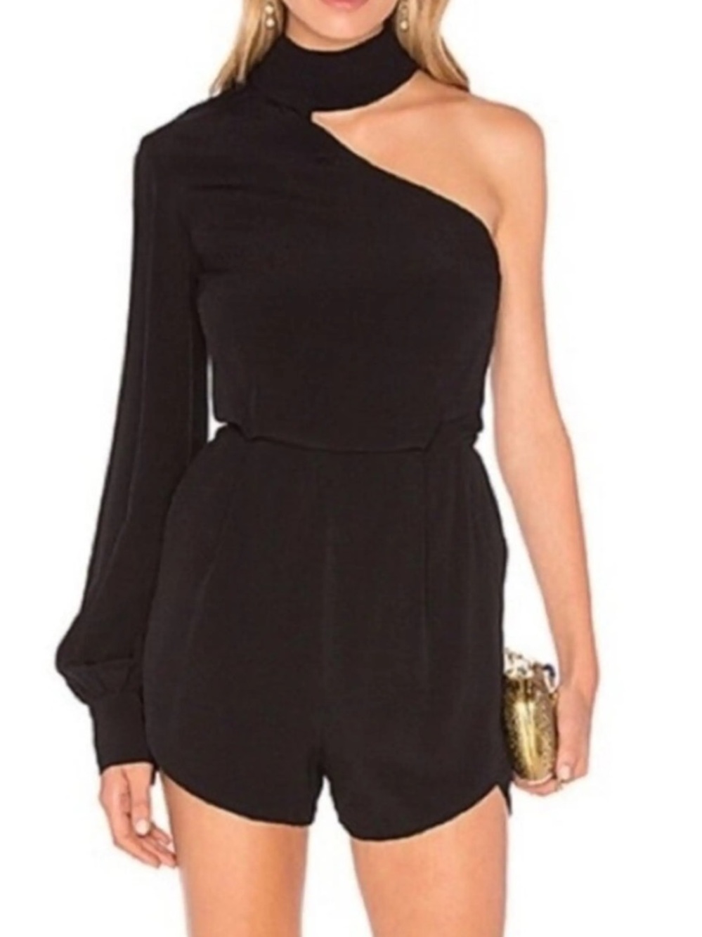 Elliatt Roman plisette black one shoulder mock neck playsuit romper sz s
